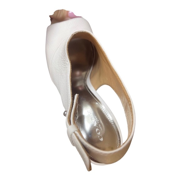 COACH “LILLIE” White Leather Peep Toe Mirrored Stacked Heel - Picture 4 of 5